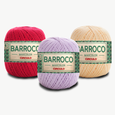 Três novelos de linha BARROCO MAXCOLOR Círculo de cores vermelho, lilás e amarelo claro.
