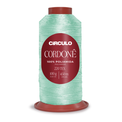 Rolo grande de linha de costura verde-água com rótulo vermelho Círculo Cordonê