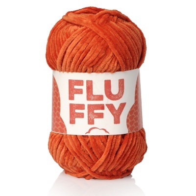 Novelo de fio de lã felpudo laranja com etiqueta FLUFFY