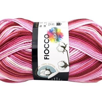 Novelo de fio multicolorido rosa, branco e vermelho com etiqueta