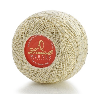 Rolo de linha Mercer metalizado creme com etiqueta vermelha