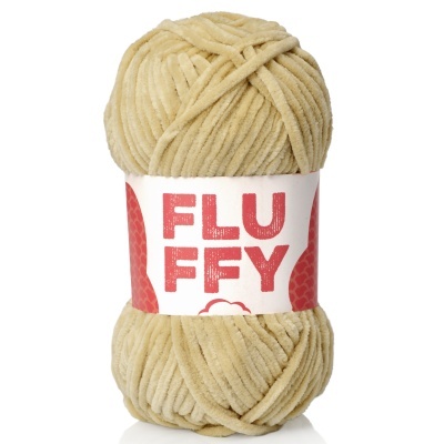 Novelo de fio felpudo bege claro com rótulo FLUFFY