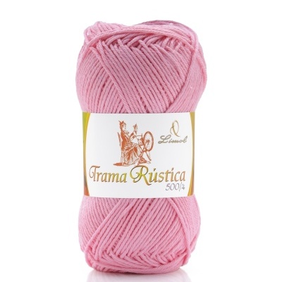 Novelo de lã cor-de-rosa com etiqueta branca e texto Trama Rústica 500/4