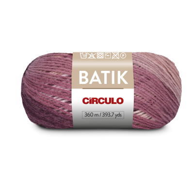 Novelo de fio colorido rosa-lilás com etiqueta BATIK da marca CíRCULO