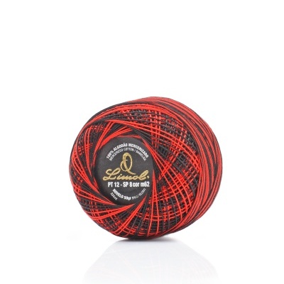 Esfera de fio de algodão mercerizado vermelho e preto com etiqueta preta central