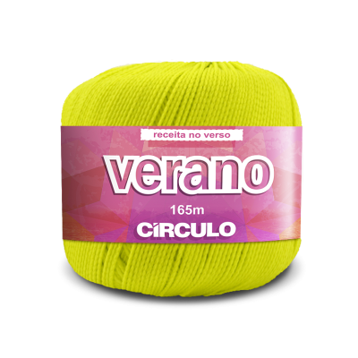 Novelo de fio amarelo verde com rótulo roxo Verano CIRCULO