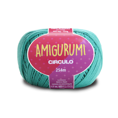 Novelo de linha de algodão verde água com etiqueta rosa AMIGURUMI CÍRCULO