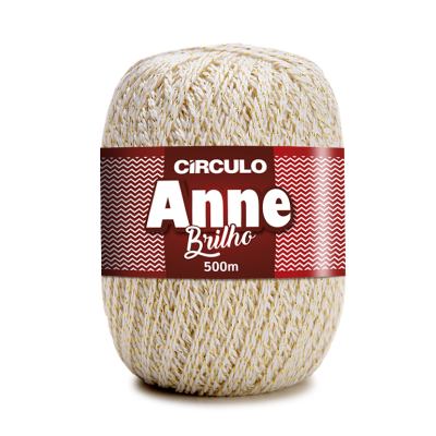 Rolo de fio branco com detalhes dourados, embalagem vermelha com texto Anne Brilho 500m.