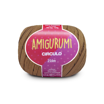 Novelo de fio marrom AMIGURUMI da Círculo com etiqueta rosa e roxa