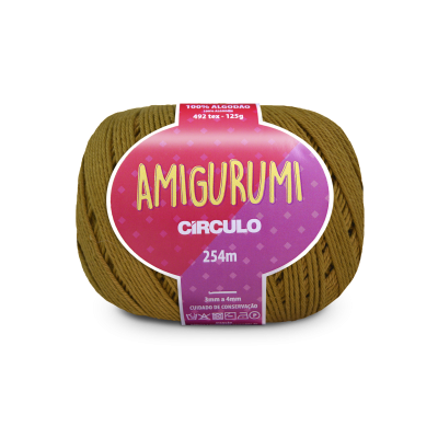 Novelo de fio de algodão castanho para amigurumi com rótulo roxo e rosa