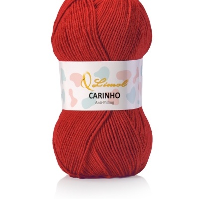 Novelo de lã vermelha com etiqueta branca e texto Limol CARINHO Anti-Pilling
