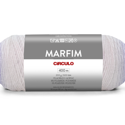 Novelo de fio branco com embalagem cinzenta e texto CÍRCULO MARFIM