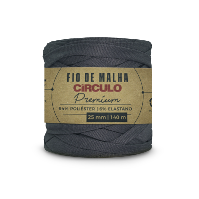Rolo de fio de malha cinza escuro com etiqueta de papel castanho da marca Círculo Premium