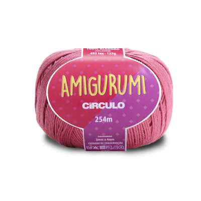 Fio de algodão rosa para amigurumi com etiqueta roxa e amarelo