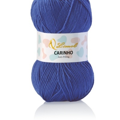 Ovillo de lã azul com etiqueta branca e texto Limol CARINHO Anti-Pilling