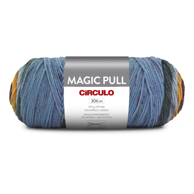 Mola de fio acrílico multicolorido com etiqueta cinzenta e texto
