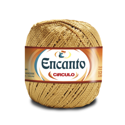 Novelo de fio dourado com rótulo Encanto Círculo