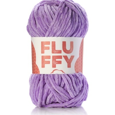 Novelo de lã lilás com etiqueta que diz FLUFFY