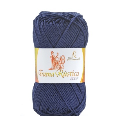 Novelo de lã azul escuro com etiqueta Trama Rústica.