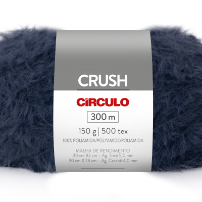 Novelo de lã azul escuro felpudo com etiqueta com marca e especificações.