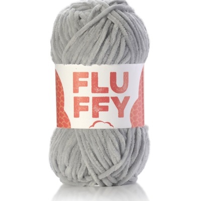 Novelo de lã cinzenta macia com etiqueta FLUFFY