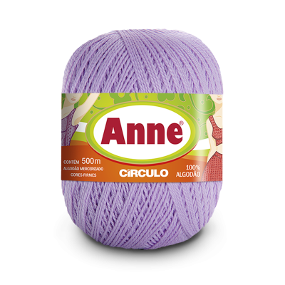 Novelo de linha lilás 100% algodão Anne com rótulo verde e laranja