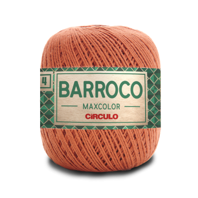 Novelo de linha cor terra queimada com etiqueta verde e dourada