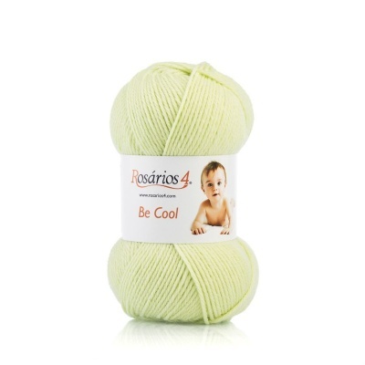 Skein de lã verde claro com rótulo Rosários 4 Be Cool e bebé