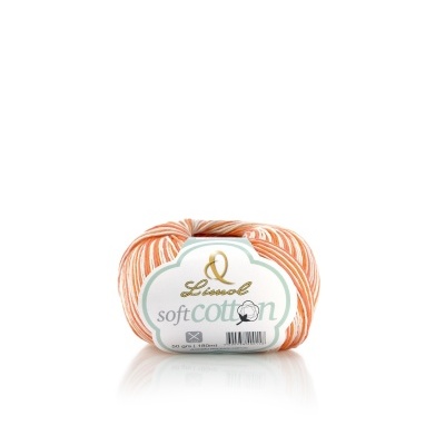 Novelo de fio de algodão multicolor laranja com etiqueta Lincol soft cotton.