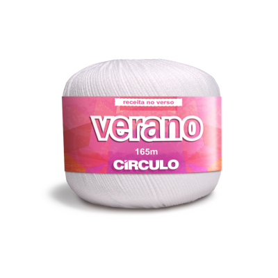 Novelo de fio branco com etiqueta cor-de-rosa e vermelho da marca CIRCULO