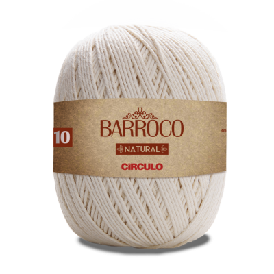 Novelo de fio cru com etiqueta castanha 'BARROCO NATURAL CÍRCULO' e número 10.