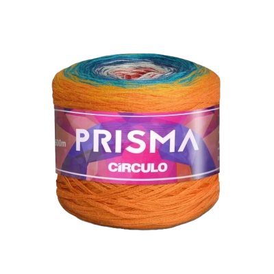 Novelo de fio multicolorido com etiqueta PRISMA CÍRCULO