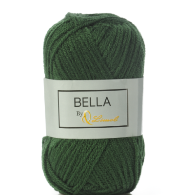 Novelo de lã verde escura com etiqueta branca BELLA By Q Lurex