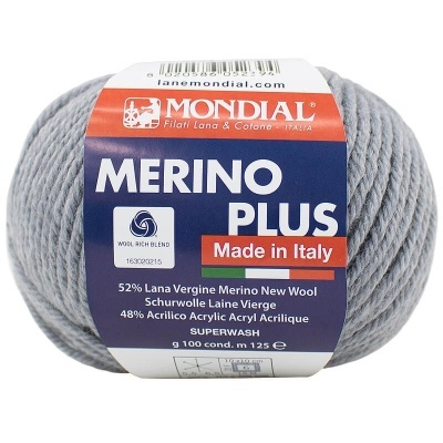 Novelo de lã Merino Plus cinza com etiqueta Mondial e indicação Made in Italy