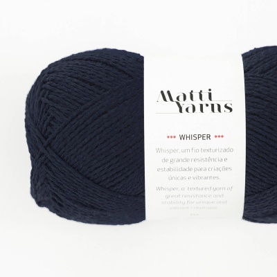 Skein of navy blue yarn with Matti Yarns Whisper label