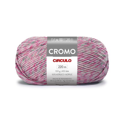 Novelo de lã acrílica colorida com rótulo da marca Círculo e modelo Cromo