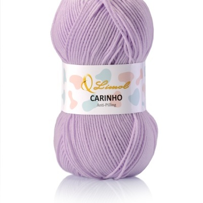 Novelo de lã lilás com rótulo branco e texto Limol CARINHO Anti-Pilling