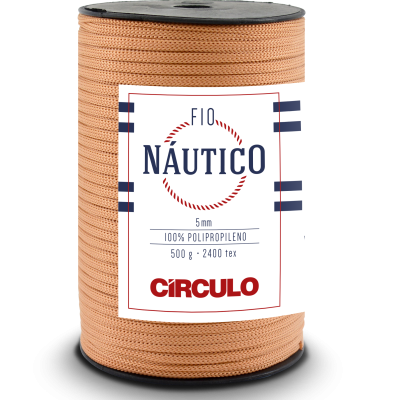 Rolo de fio náutico castanho claro com etiqueta branca com texto em azul e vermelho