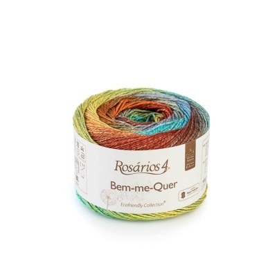 Novelo de lã colorida multicolor com embalagem branca e texto Rosários 4