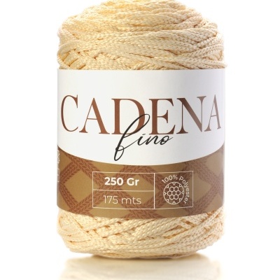 Novelo de fio creme com etiqueta CADENA fino e informações de peso e comprimento.
