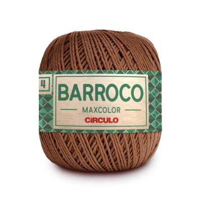 Novelo de fio castanho Barroco Maxcolor da Círculo com etiqueta verde e bege