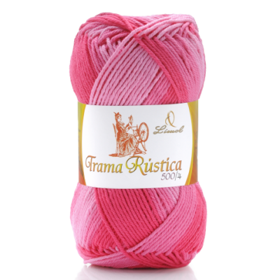 Skein de fio de lã rosa com rótulo branco e dourado Trama Rústica 500/1