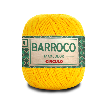 Novelo de fio amarelo Barroco Maxcolor da marca Círculo com etiqueta verde e branca