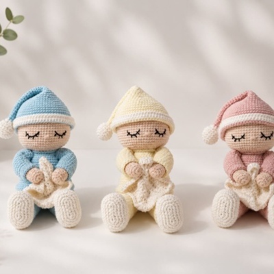 Três bonecos de croché coloridos sentados com mantinhas seguras nas mãos.