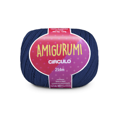 novelo de fio azul escuro Amigurumi Círculo com etiqueta rosa e roxa