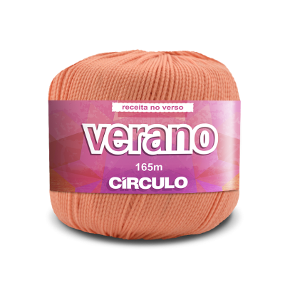 Ovillo de lã salmão com etiqueta roxa e texto Verano 165m CIRCULO