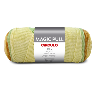 Rolo de fio de lã magic pull círculo multicolor amarelo, verde e castanho com etiqueta