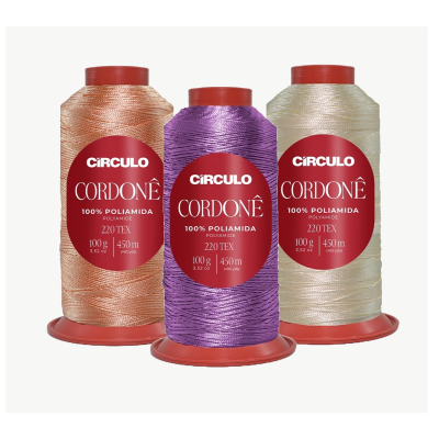 Cones de linha CORDONÊ CÍRCULO em cores bege, roxo e creme com rótulos vermelhos.