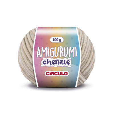 Novelo de lã chenille bege com etiqueta colorida