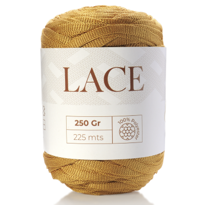 Rolo de fio dourado tipo lace com etiqueta branca